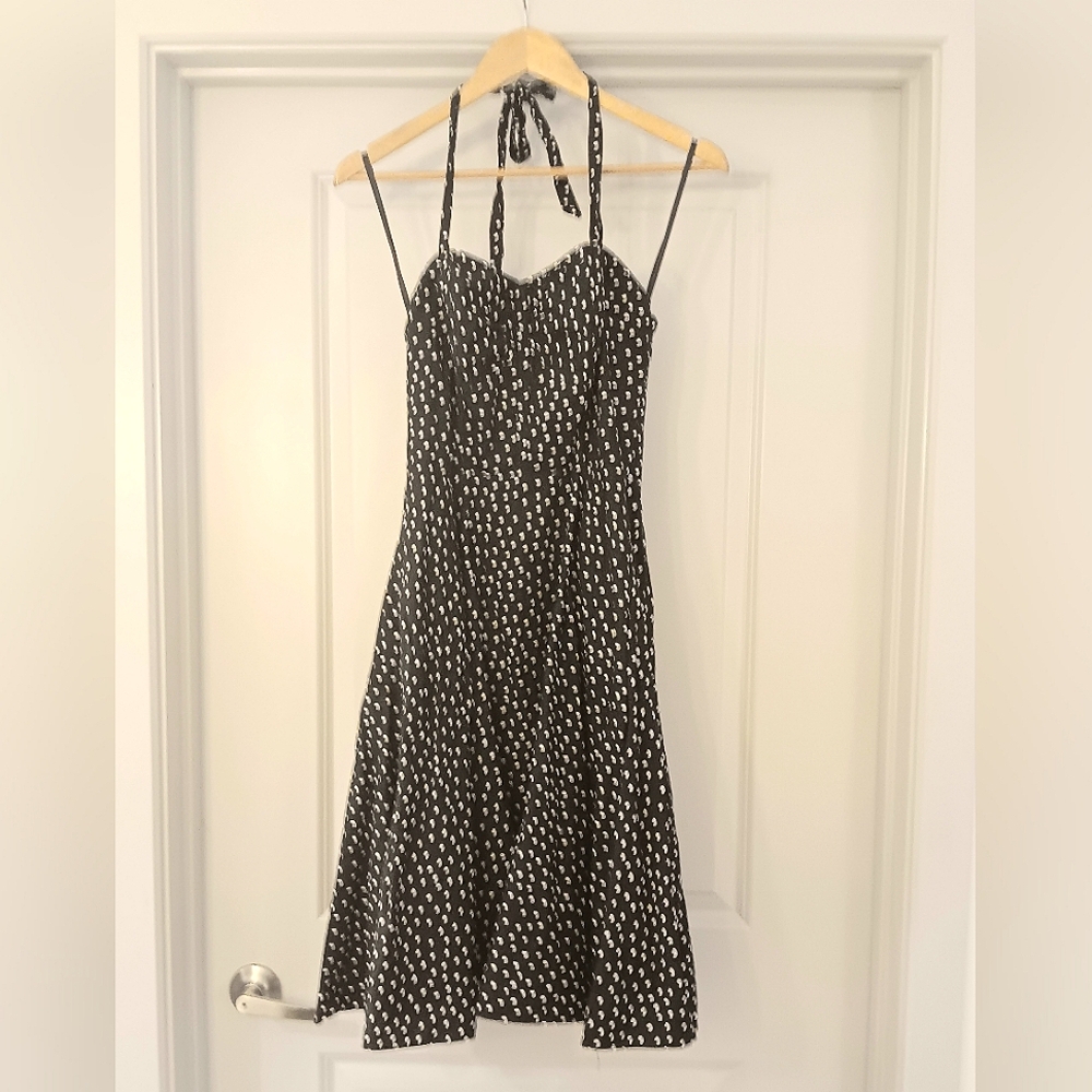 White House Black Market Black & White Polka Dot Halter Midi Dress Size 4